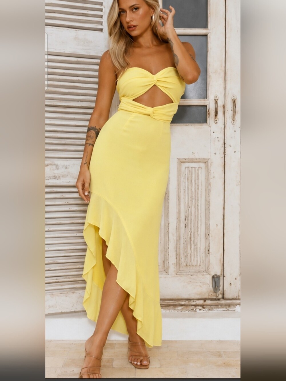 HELLO MOLLY Supermodel Moment Strapless Cutout Midi Dress In Yellow. Size SM